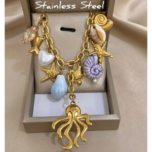 Fancy ocean themed charms necklace, stainless steel, new